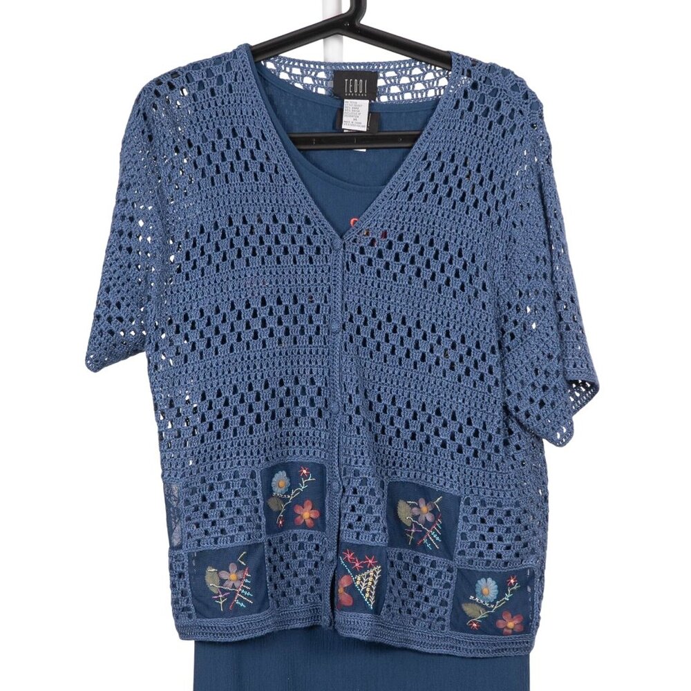 Teddi Sweater Dress Set 14 Blue Floral Knit Maxi Casual Grammacore Cottagecore - Picture 2 of 10